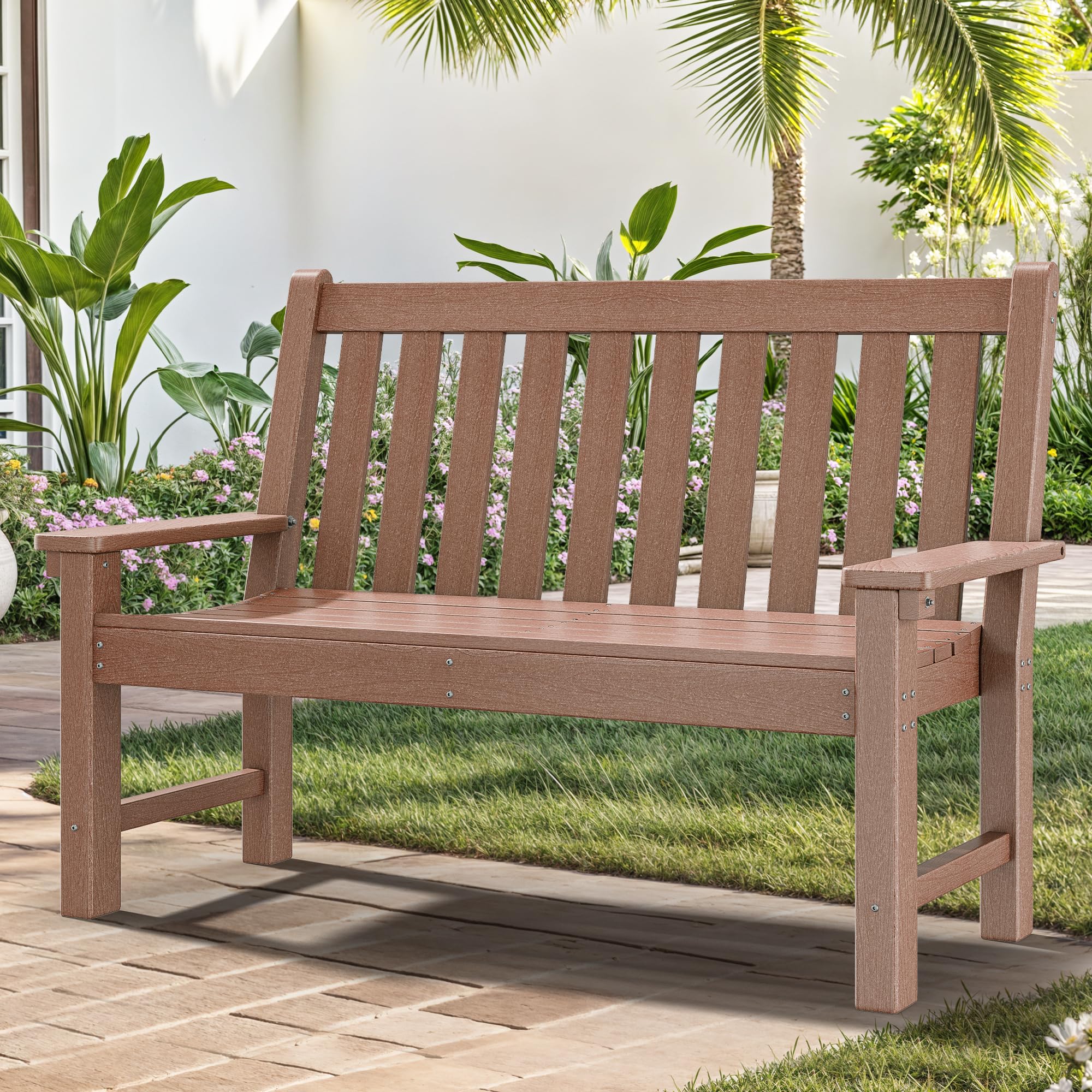 HDPE Garden Bench, All-Weather Outdoor Bench for 2-3 Persons, 661 lbs Capacity, Fade & Rot Resistant for Patio, Park, Porch, Brown
