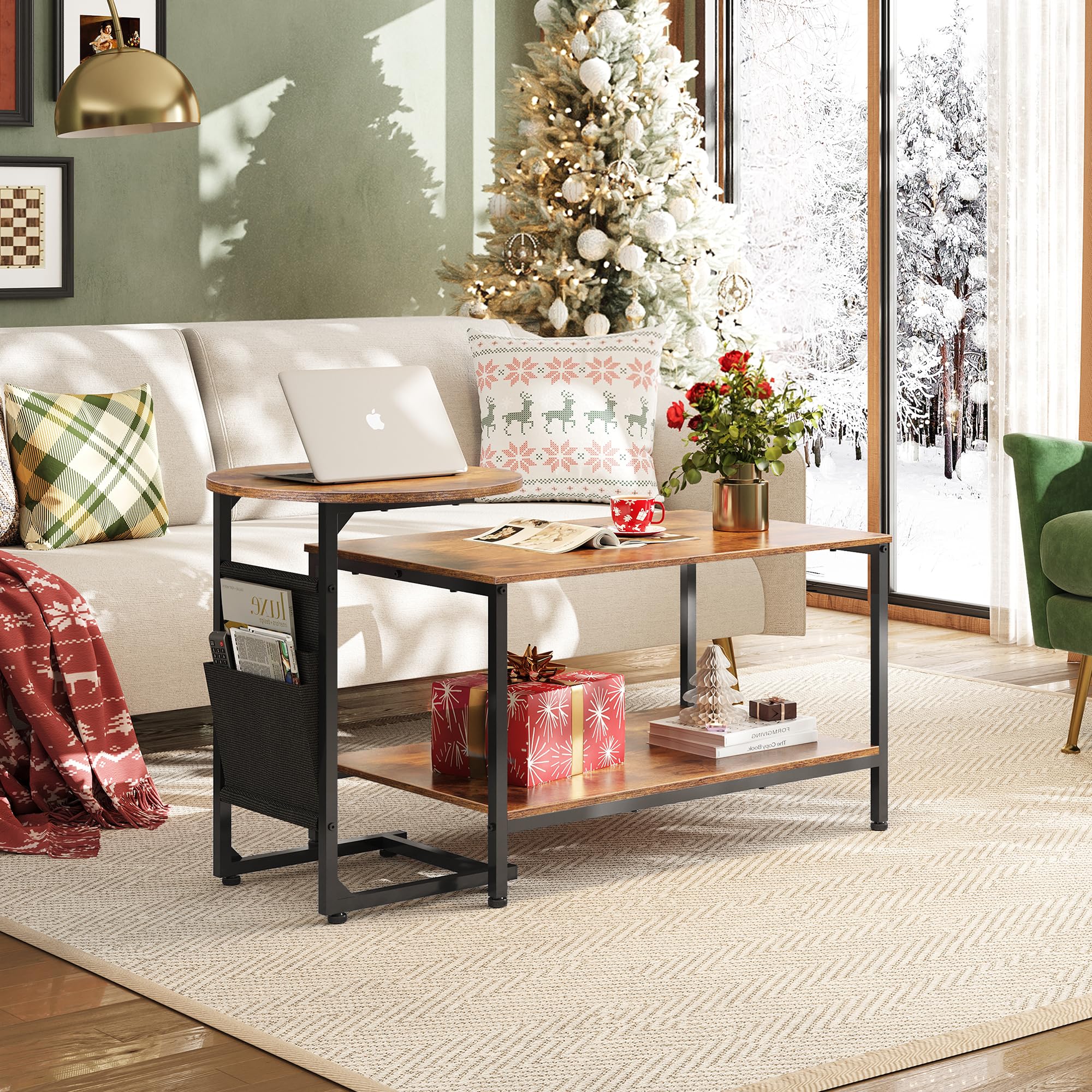 Set of 2 Coffee Tables, 31.3" & 18.7" Modern Center & Side Table with Storage Pouch for Living Room, Bedroom, Apartment, Rustic Brown