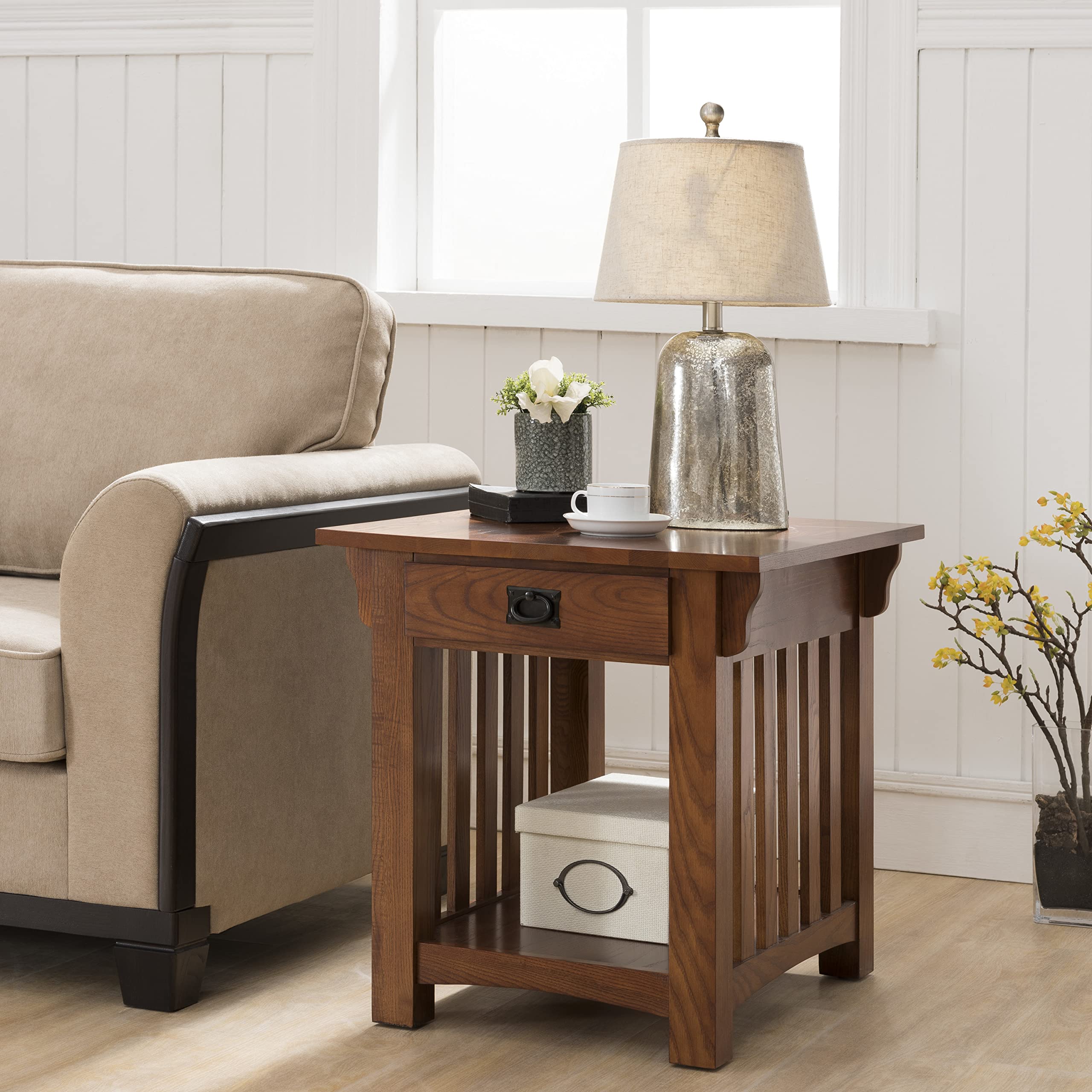 Mission End Table, Solid Wood with Drawer & Bottom Shelf, Slatted Sides, Easy Assembly, Medium Oak, 25"W x 22"L x 23"H, Model 8207