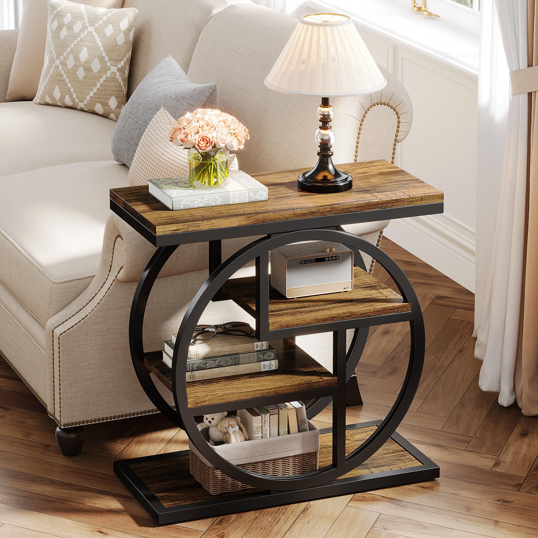 Set of 2 End Tables, 4-Tier Narrow Side Tables with Storage Shelves, Rustic Brown Wood & Metal Frame for Sofa, Bedroom, Living Room